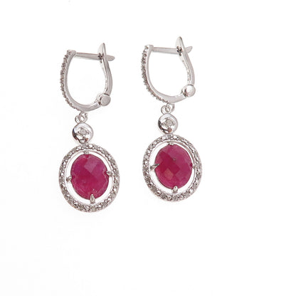 925 Sterling Silver Real Diamond & Ruby Dangle Earrings