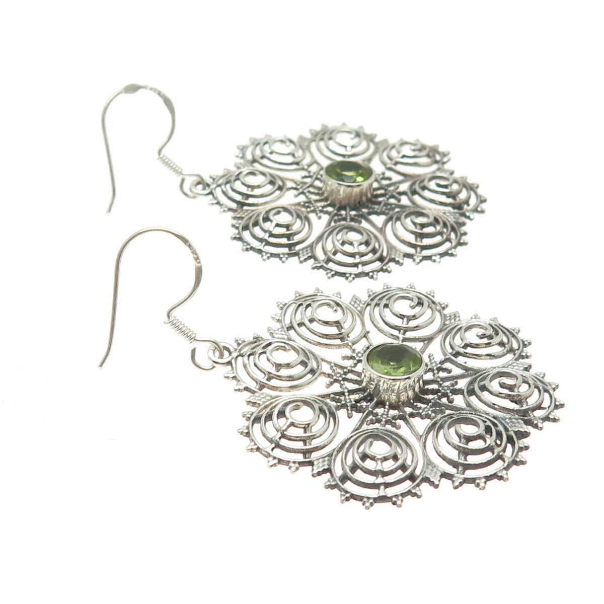 925 Sterling Silver Vintage Real Peridot Spiral Floral Dangle Earrings