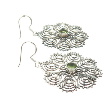 925 Sterling Silver Vintage Real Peridot Spiral Floral Dangle Earrings