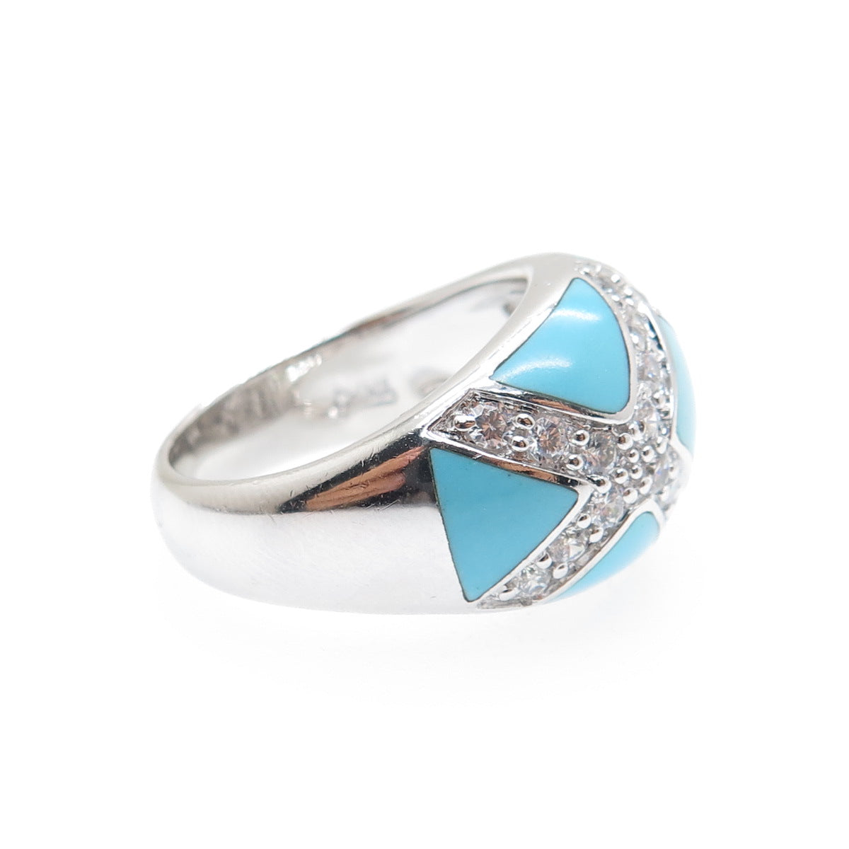 ERIC GROSSBARDT 925 Sterling Silver Vintage Real Turquoise & C Z Ring Size 8