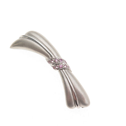 925 Sterling Silver Real Round-Cut Pink Sapphire Modernist Bow Pin Brooch