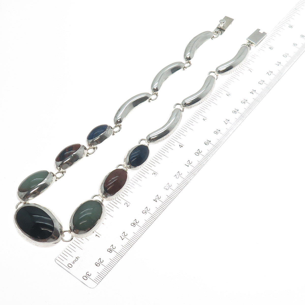 925 Sterling Silver Vintage Mexico Black Onyx Jade Jasper Sodalite Necklace 16"