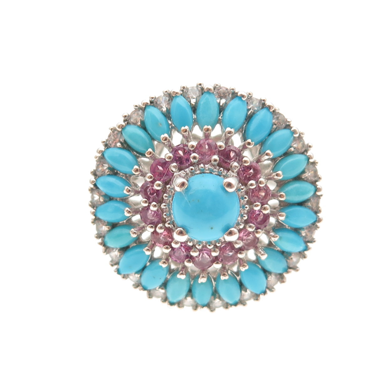 Chuck Clemency Sterling Silver Real Turquoise Pink & White Topaz Ring Size 8.25