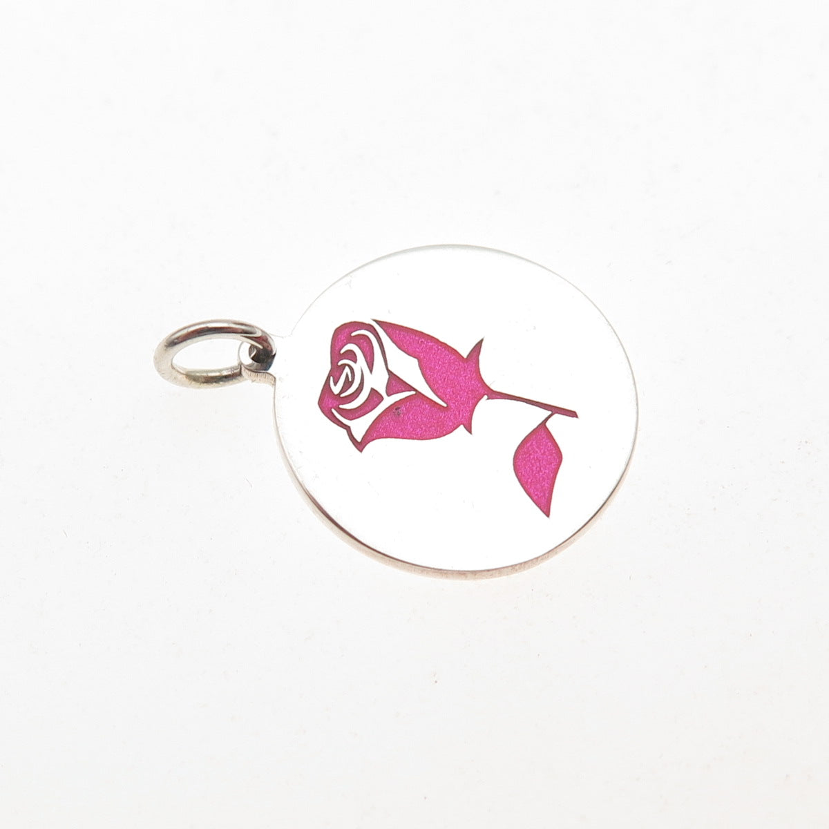 925 Sterling Silver Pink Enamel Rose Round Tag Mini Charm Pendant