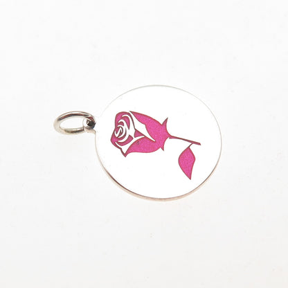 925 Sterling Silver Pink Enamel Rose Round Tag Mini Charm Pendant