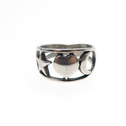 925 Sterling Silver Vintage Star Heart & Crescent Oxidized Ring Size 5