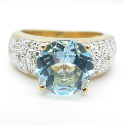 925 Sterling Silver Gold Plated Real Round-Cut Blue & White Topaz Ring Size 8