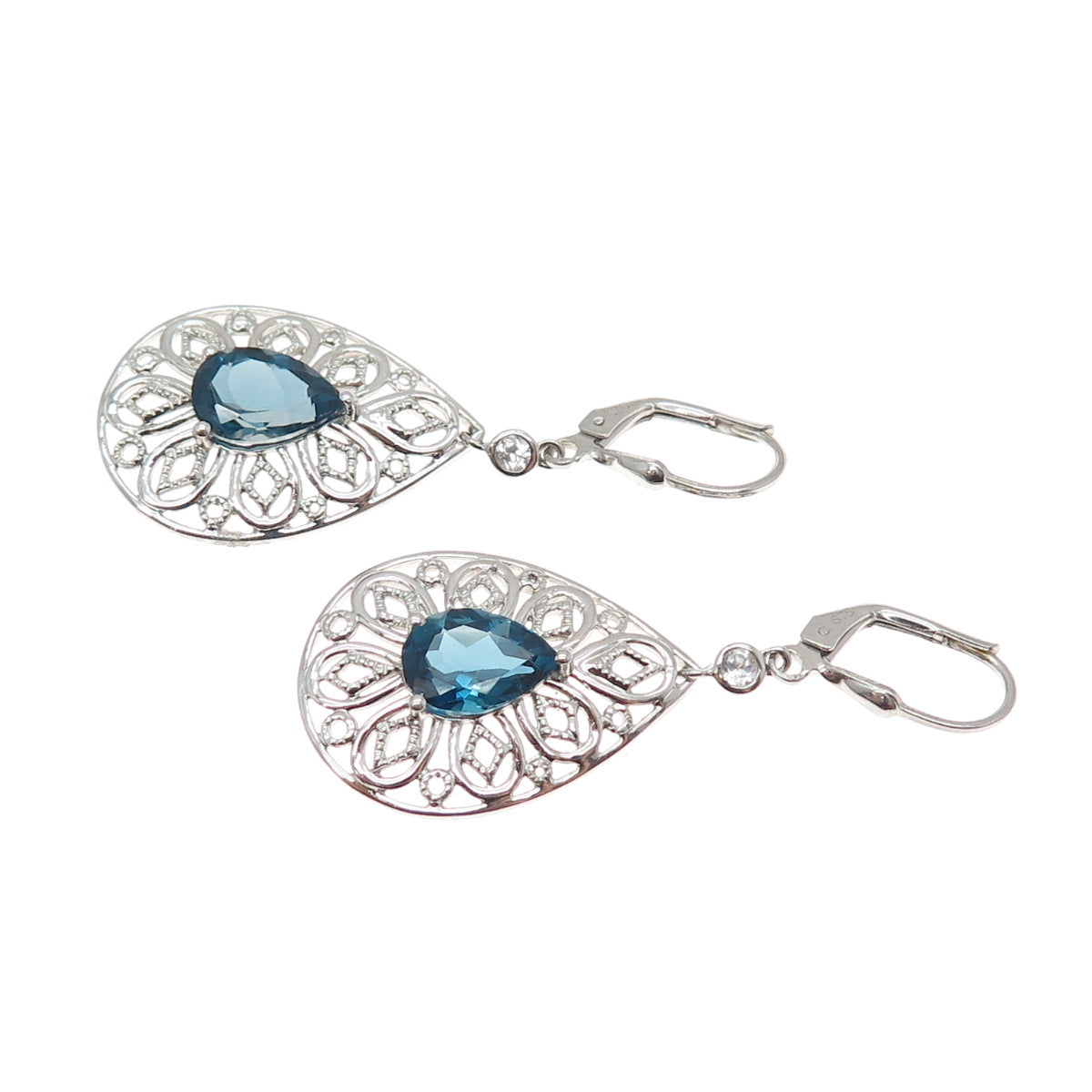 925 Sterling Silver Real London Blue & White Topaz Teardrop Dangle Earrings