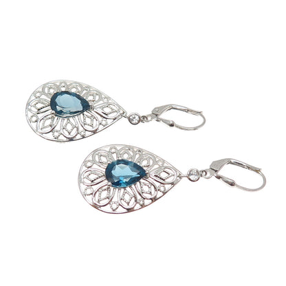 925 Sterling Silver Real London Blue & White Topaz Teardrop Dangle Earrings
