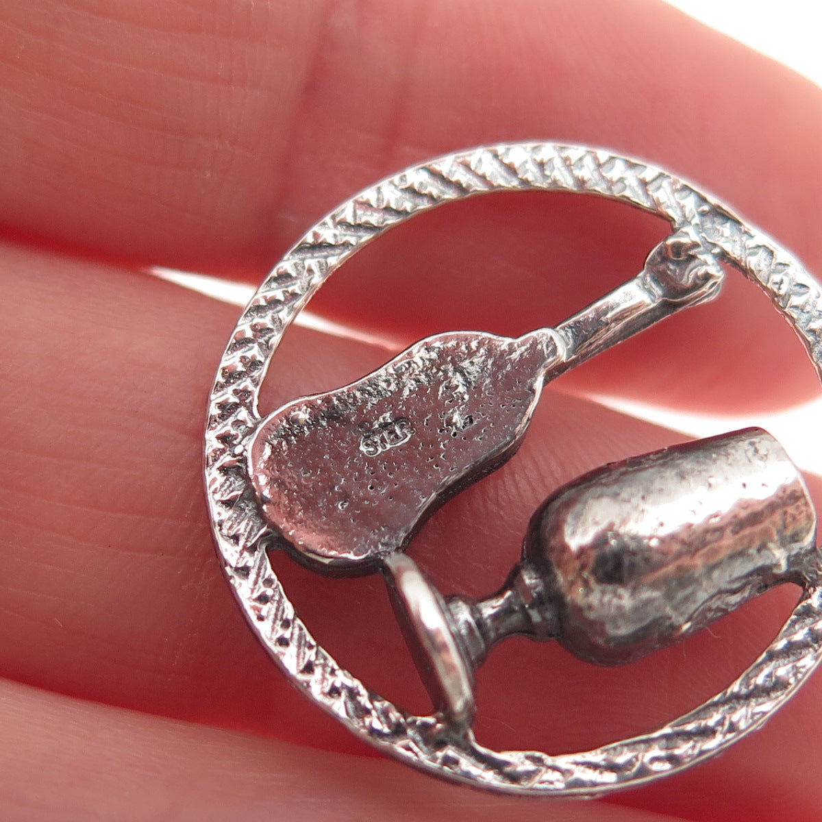925 Sterling Silver Vintage Goblet & Guitar Oxidized Charm Pendant