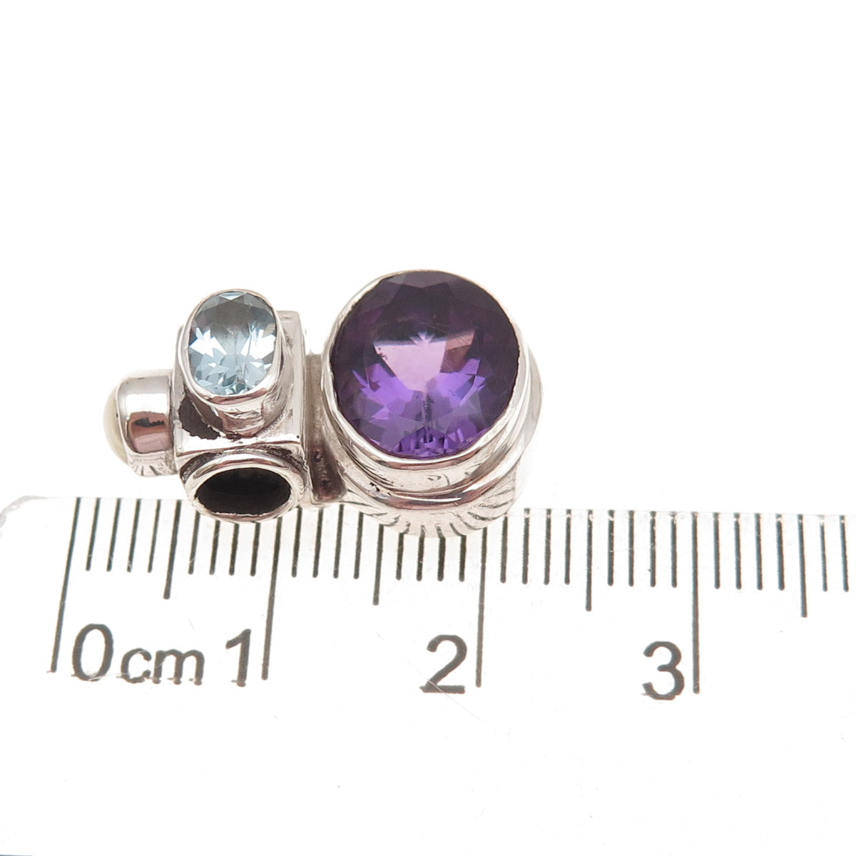 925 Sterling Vintage Real Amethyst Blue Topaz & Pearl Modernist Slide Pendant
