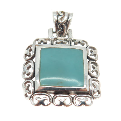 925 Sterling Silver Vintage Real Turquoise Ornate Square Pendant