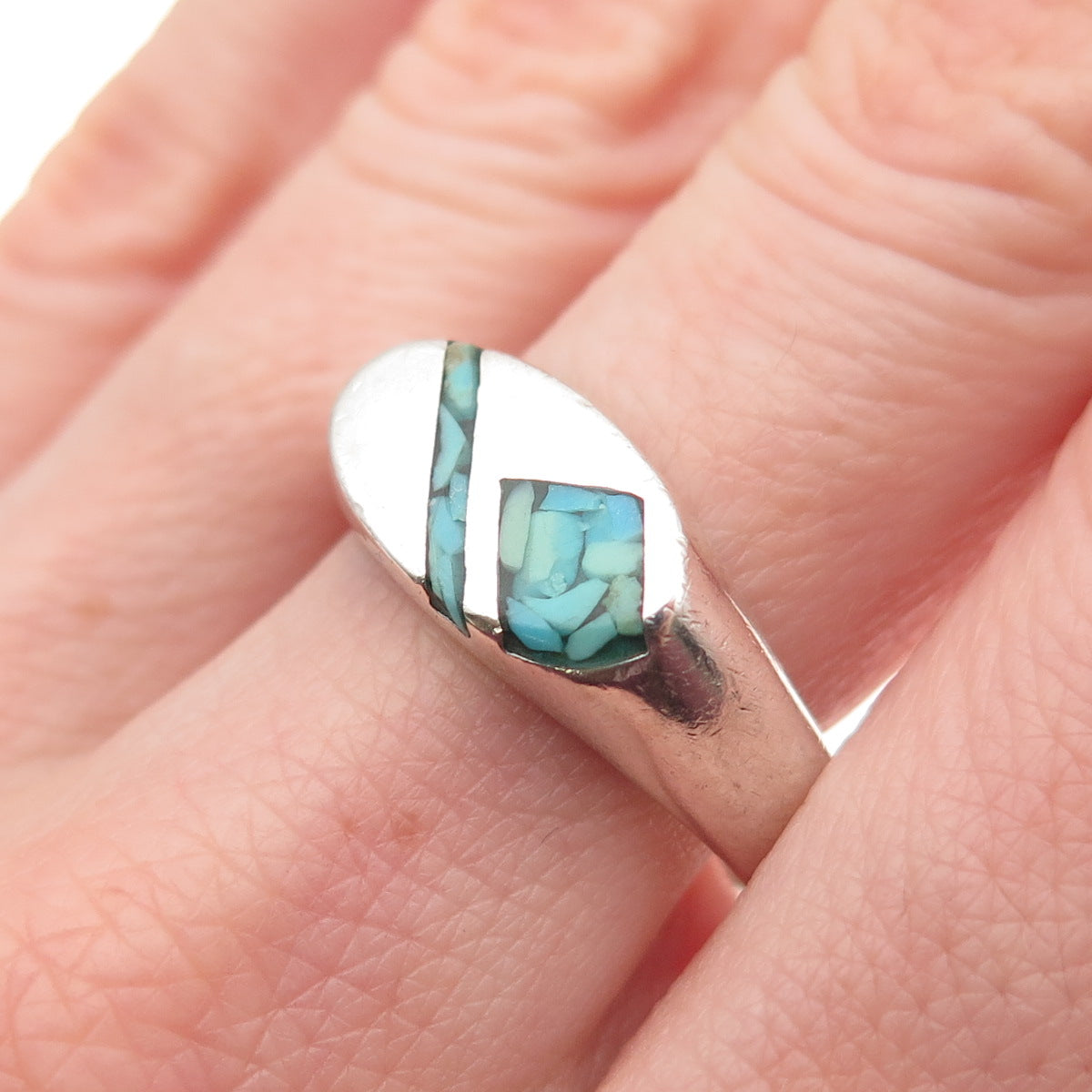 SILVER FOX Old Pawn 925 Sterling Vintage Turquoise Inlay Tribal Ring Size 10.75