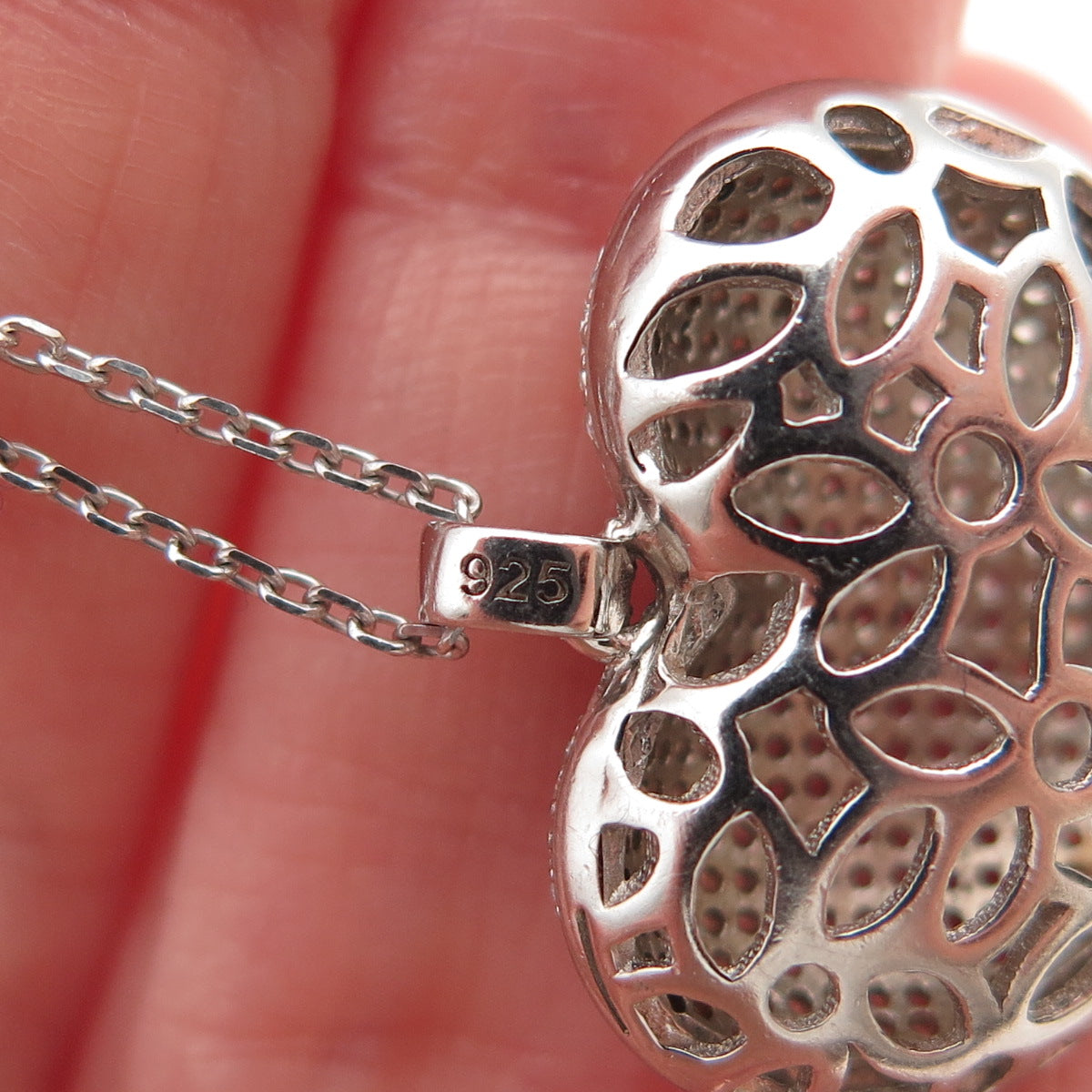 925 Sterling Silver Italy Round-Cut C Z Puffy Heart Cable Chain Necklace 16"