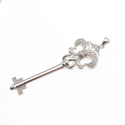 925 Sterling Silver Real Round-Cut Diamond Fleur de Lis Key Pendant