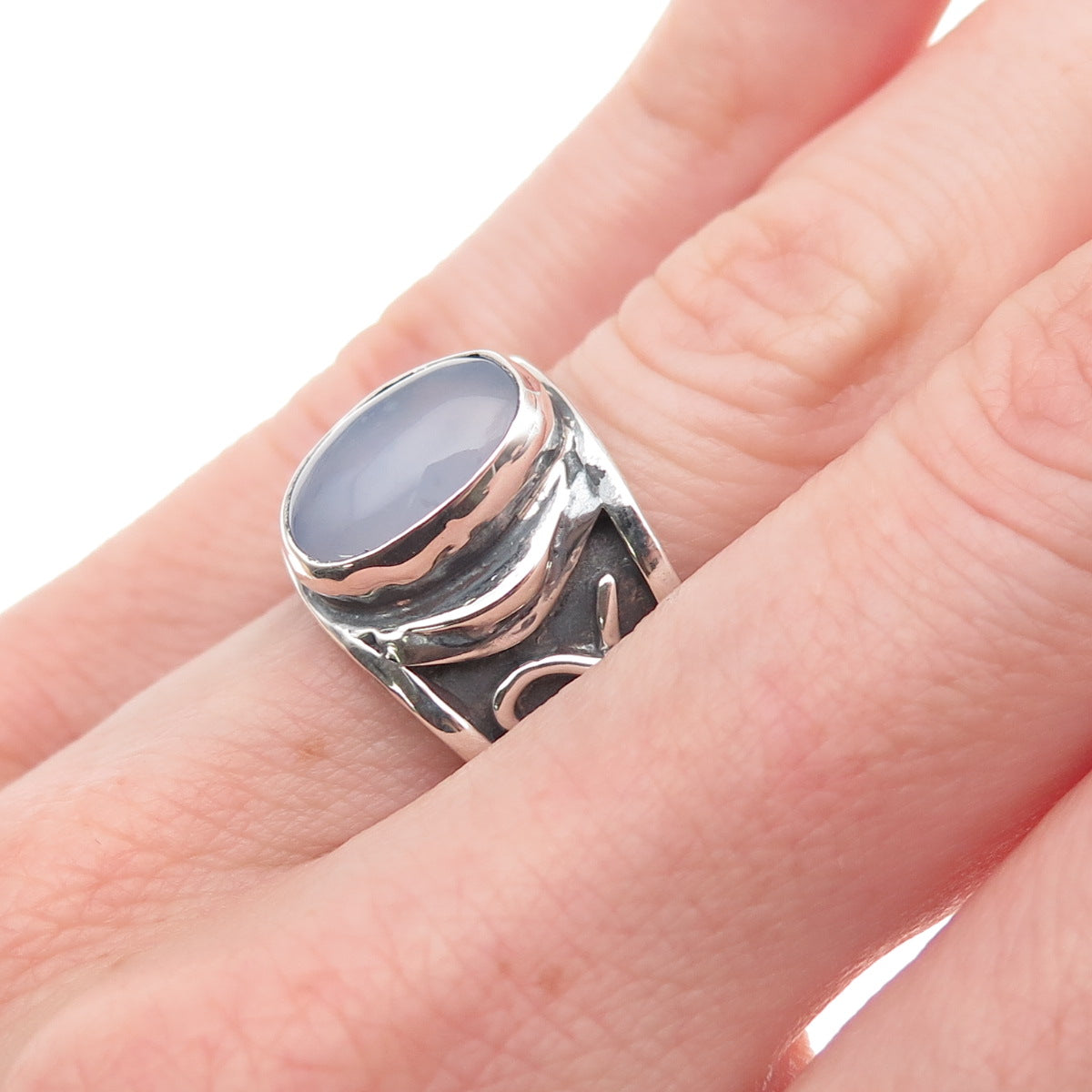 925 Sterling Silver Vintage Real Chalcedony Modernist Oxidized Ring Size 5