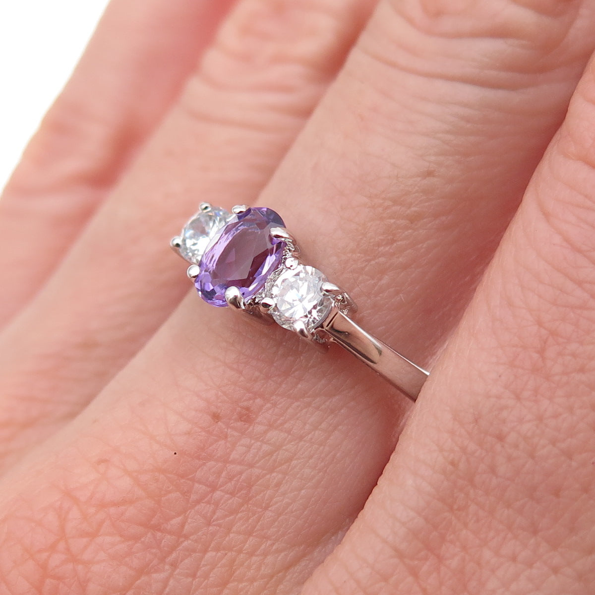 925 Sterling Silver Oval-Cut Purple & Round-Cut White C Z Ring Size 10