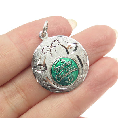 925 Sterling Silver Vintage Enamel Merry Christmas Bell Round Pendant