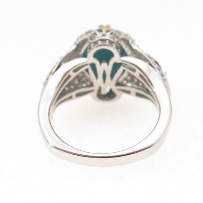 925 Sterling Silver 2-Tone Real Turquoise Blue & White Topaz Ring Size 8.25