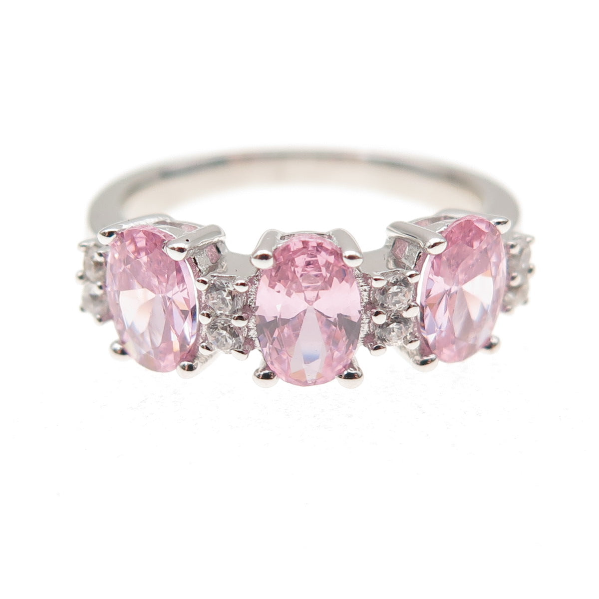 925 Sterling Silver Oval-Cut Pink & Round-Cut White C Z Ring Size 5