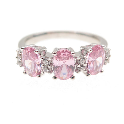 925 Sterling Silver Oval-Cut Pink & Round-Cut White C Z Ring Size 5