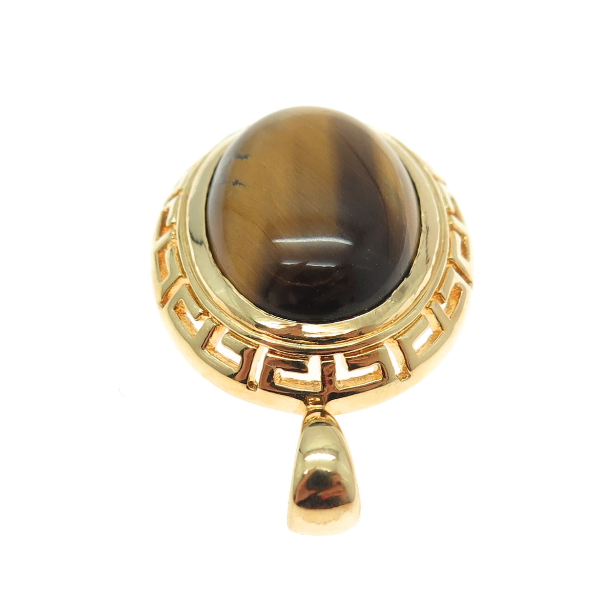 SETA 925 Sterling Silver Gold Plated Real Tiger Eye Greek Maze Oval Pendant