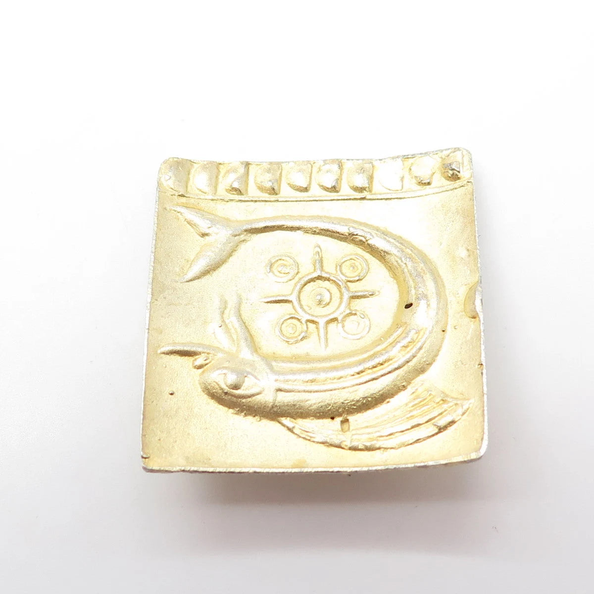 925 Sterling Silver Gold Plated Vintage Fish Symbol Square Pin Brooch