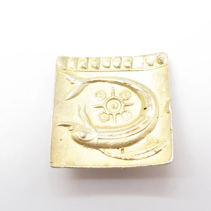 925 Sterling Silver Gold Plated Vintage Fish Symbol Square Pin Brooch