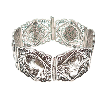 800 Silver Vintage Egyptian Symbols Filigree Oxidized Panel Link Bracelet 7.5"