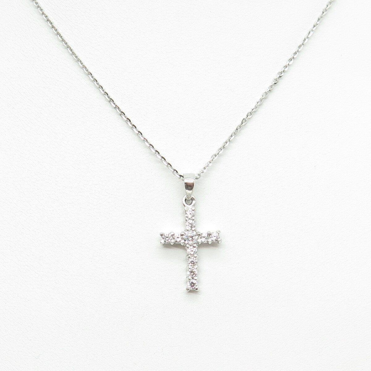 925 Sterling Silver Italy Round-Cut C Z Cross Cable Chain Necklace 16"