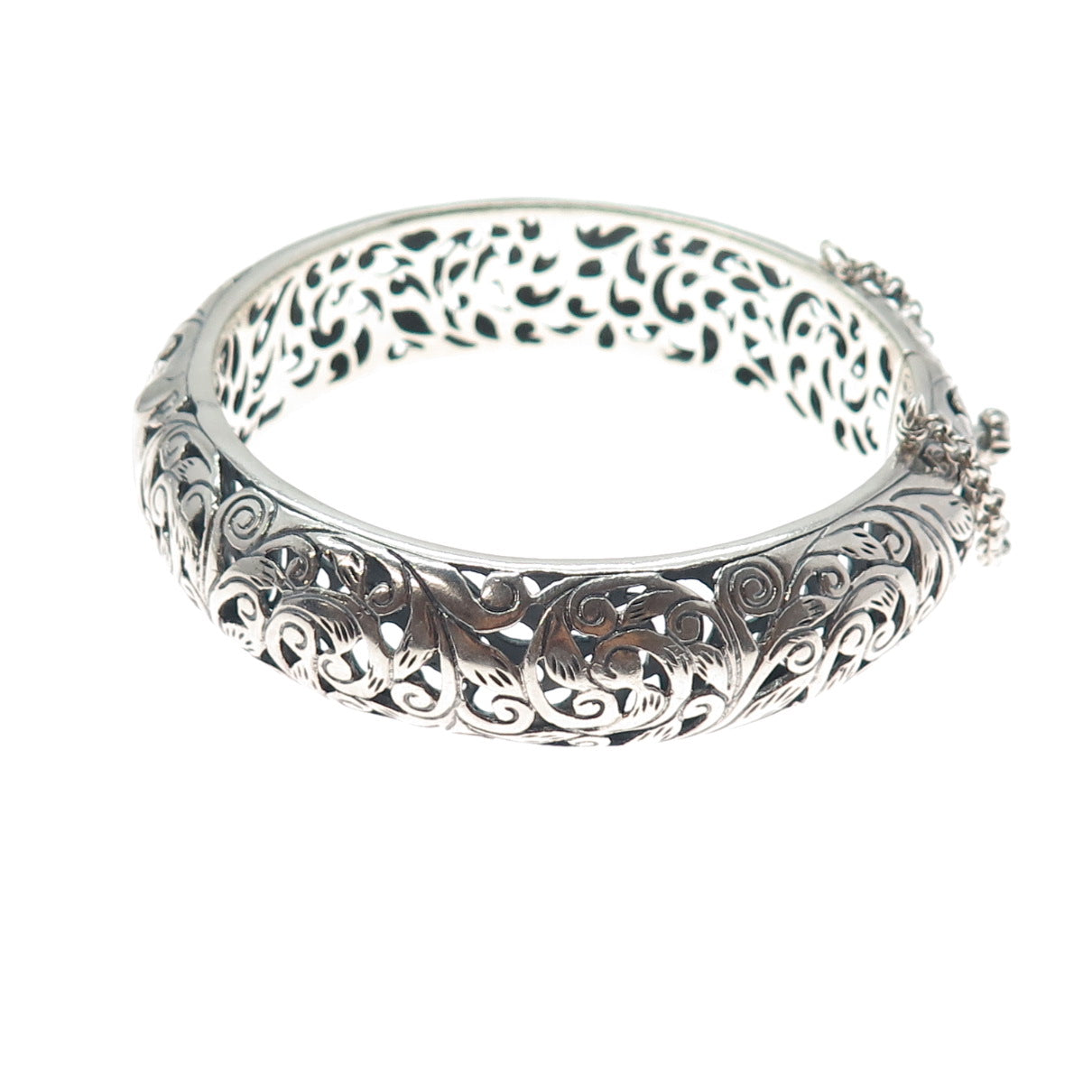 925 Sterling Silver Vintage Floral Ornate Oxidized Bangle Bracelet 7.75"