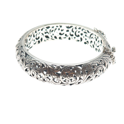 925 Sterling Silver Vintage Floral Ornate Oxidized Bangle Bracelet 7.75"
