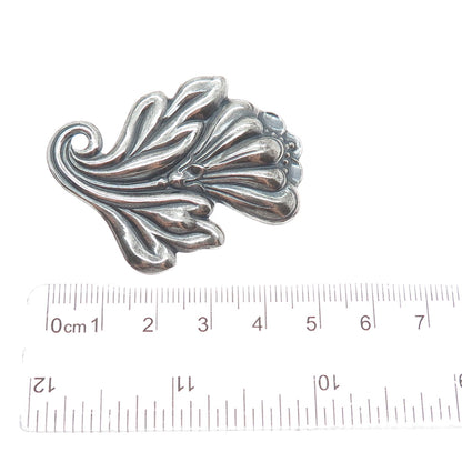 925 Sterling Silver Vintage Flower Leaf Ribbed Oxidized Pin Brooch