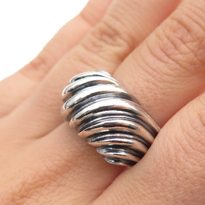 925 Sterling Silver Vintage Modernist Ribbed Dome Oxidized Ring Size 7