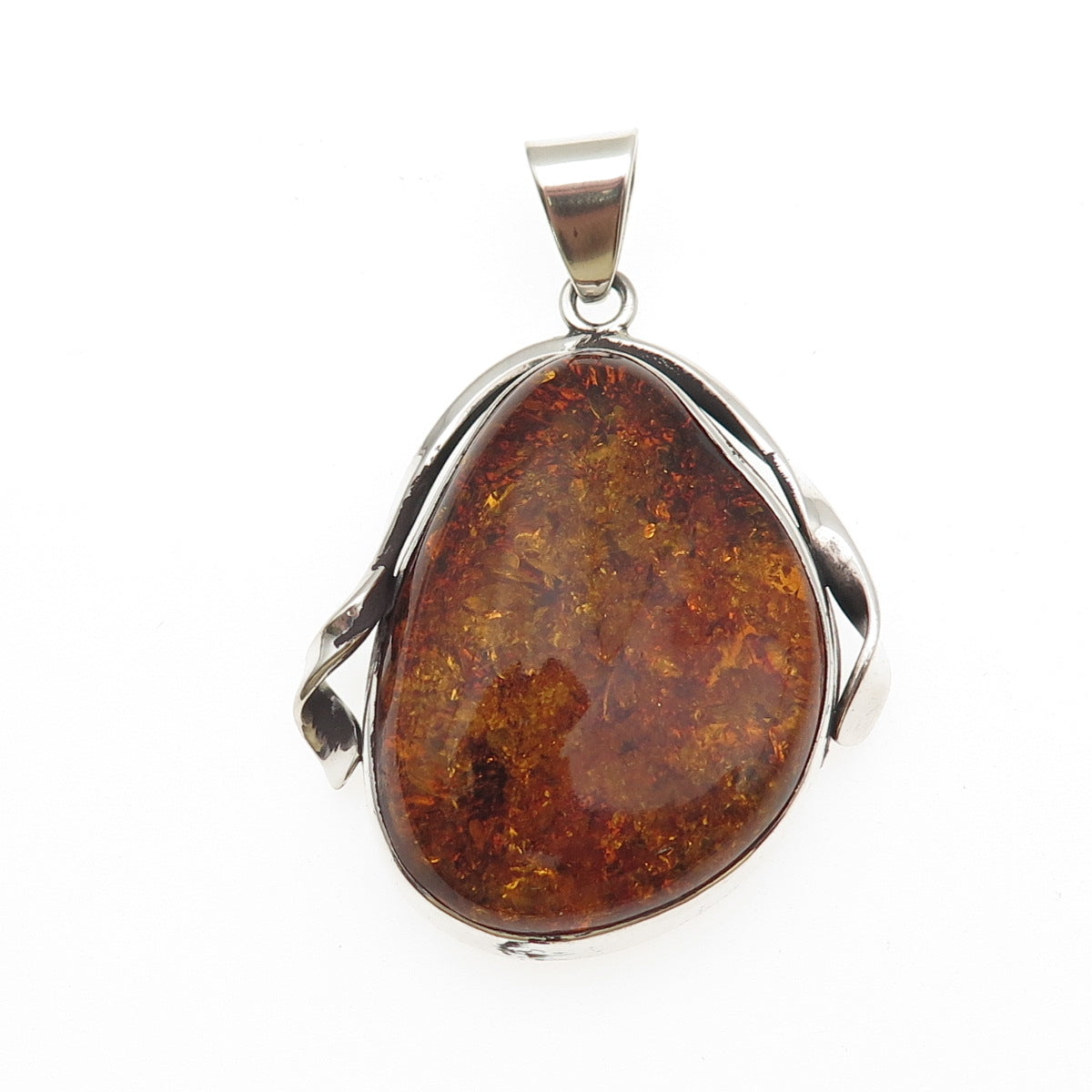 925 Sterling Silver Vintage Real Amber Modernist Oxidized Pendant