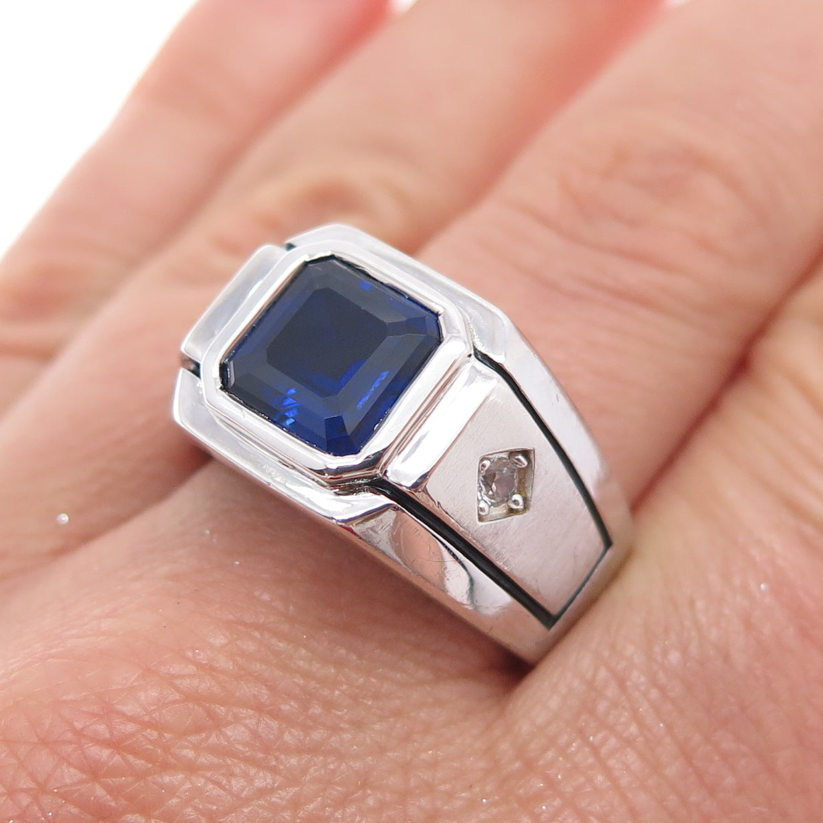 925 Sterling Silver Lab-Created Sapphire & Real White Topaz Ring Size 11.25