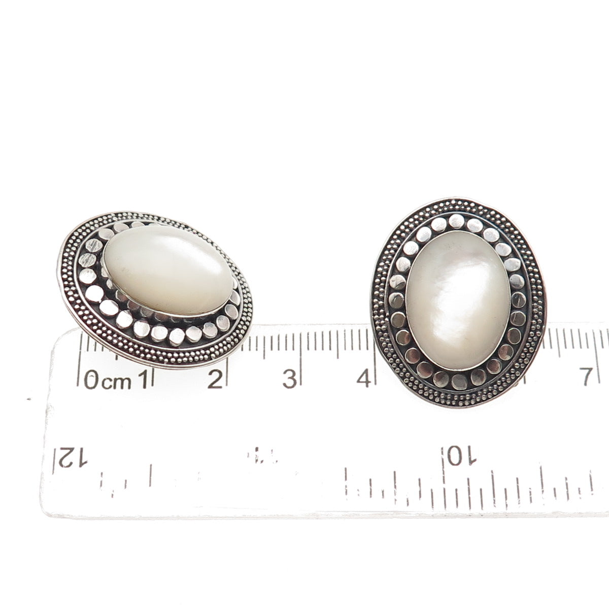 Sajen 925 Sterling Silver Vintage Real MOP Modernist Dotted Oxidized Earrings