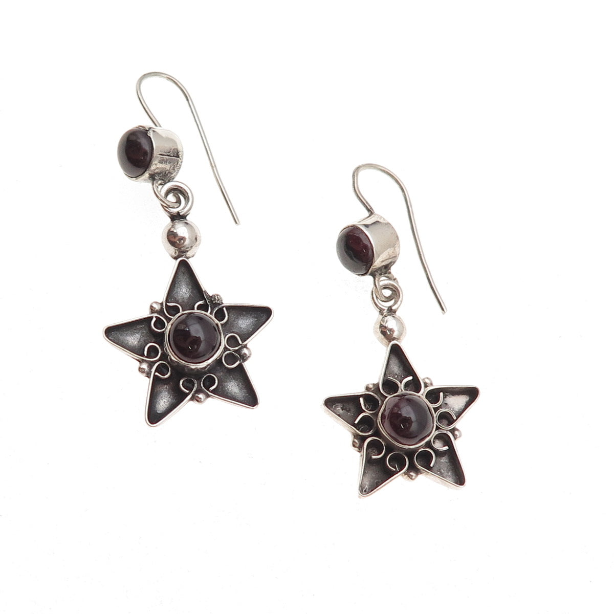 925 Sterling Silver Vintage Real Red Garnet Star Oxidized Dangle Earrings
