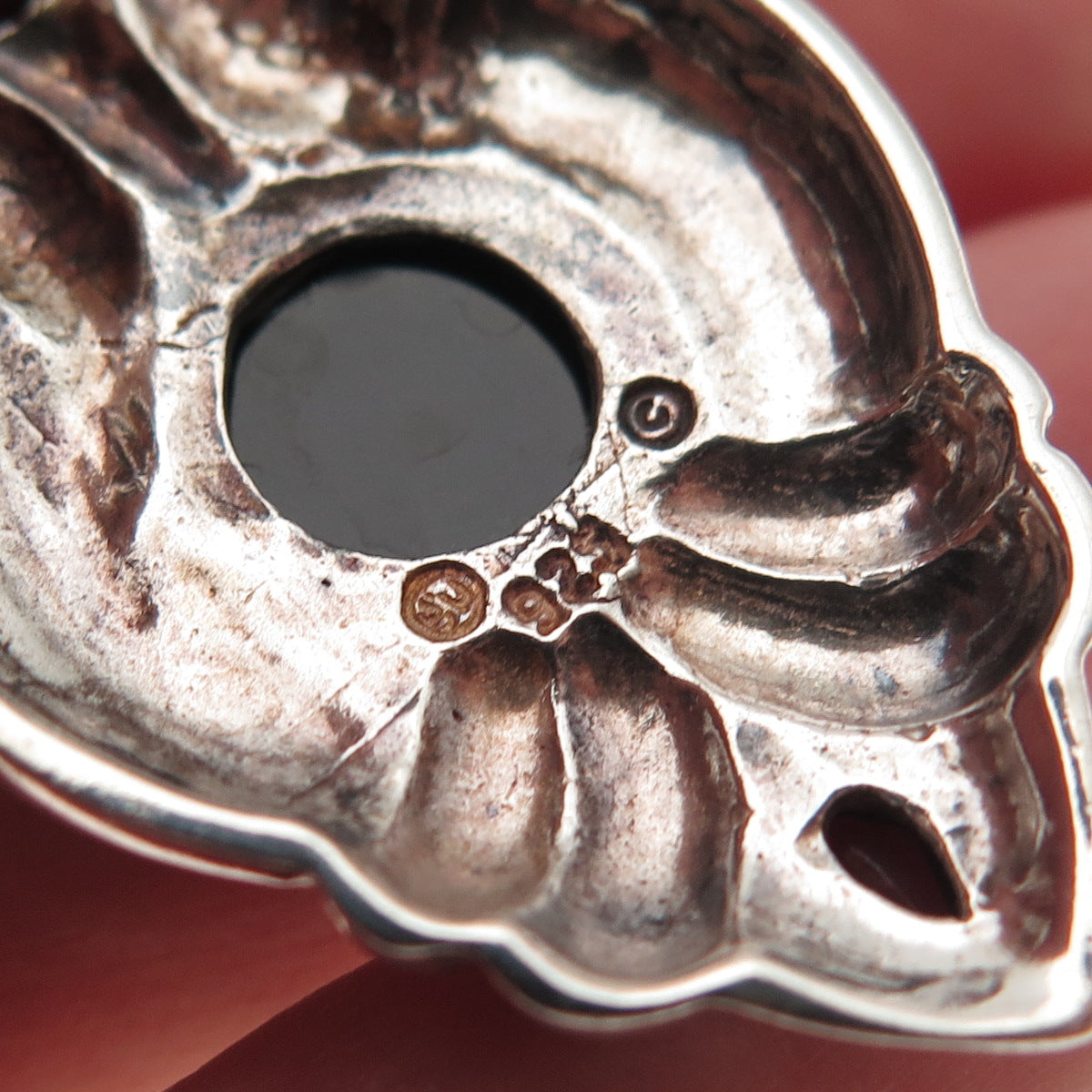 925 Sterling Silver Vintage Real Black Onyx & Red Garnet Modernist Slide Pendant