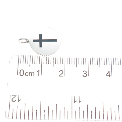 925 Sterling Silver Black Enamel Cross Round Tag Minimalist Charm Pendant