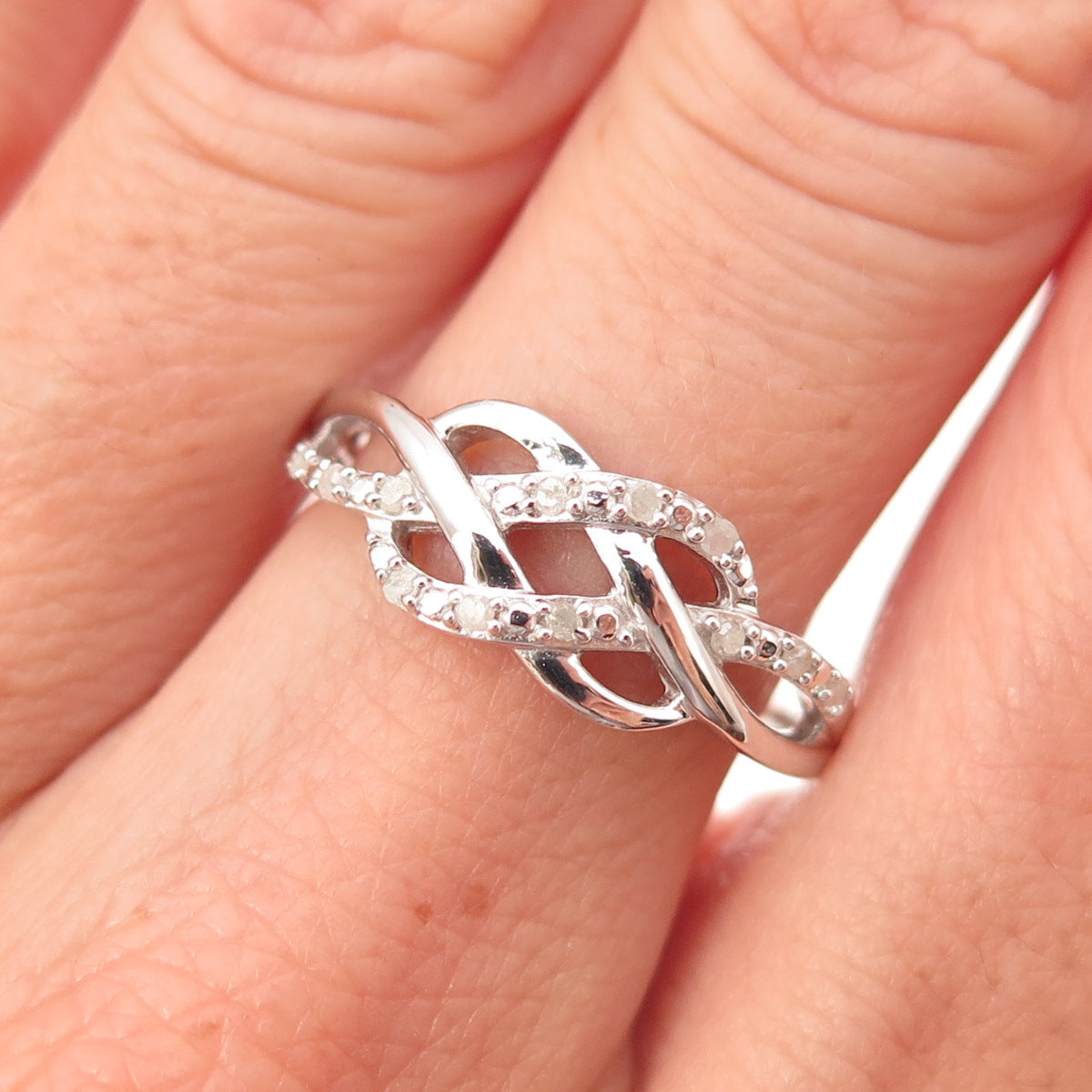 Charles Winston 925 Sterling Silver Real Diamond Love Knot Ring Size 7.75