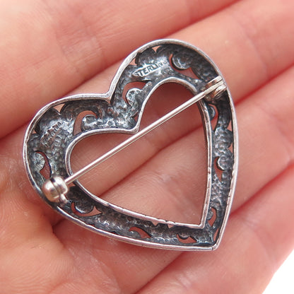 925 Sterling Silver Vintage Ornate Swirl Heart Oxidized Pin Brooch