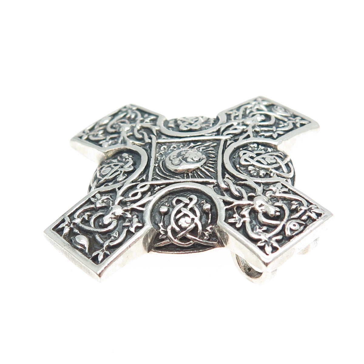 925 Sterling Silver Vintage Deer Moon Runic Cross Oxidized Pendant