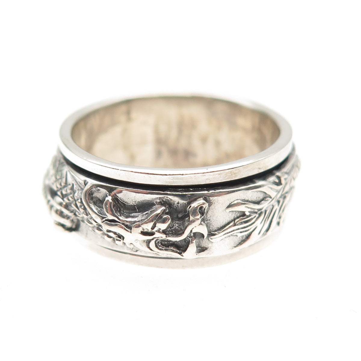 925 Sterling Silver Vintage Dragon Oxidized Rotating Band Ring Size 7.75