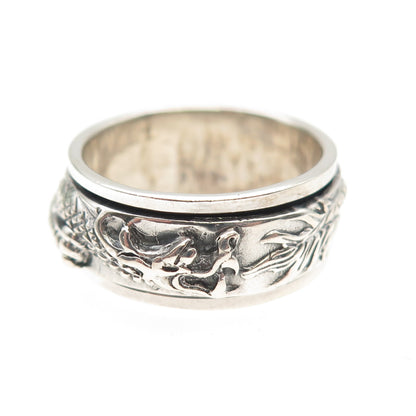 925 Sterling Silver Vintage Dragon Oxidized Rotating Band Ring Size 7.75