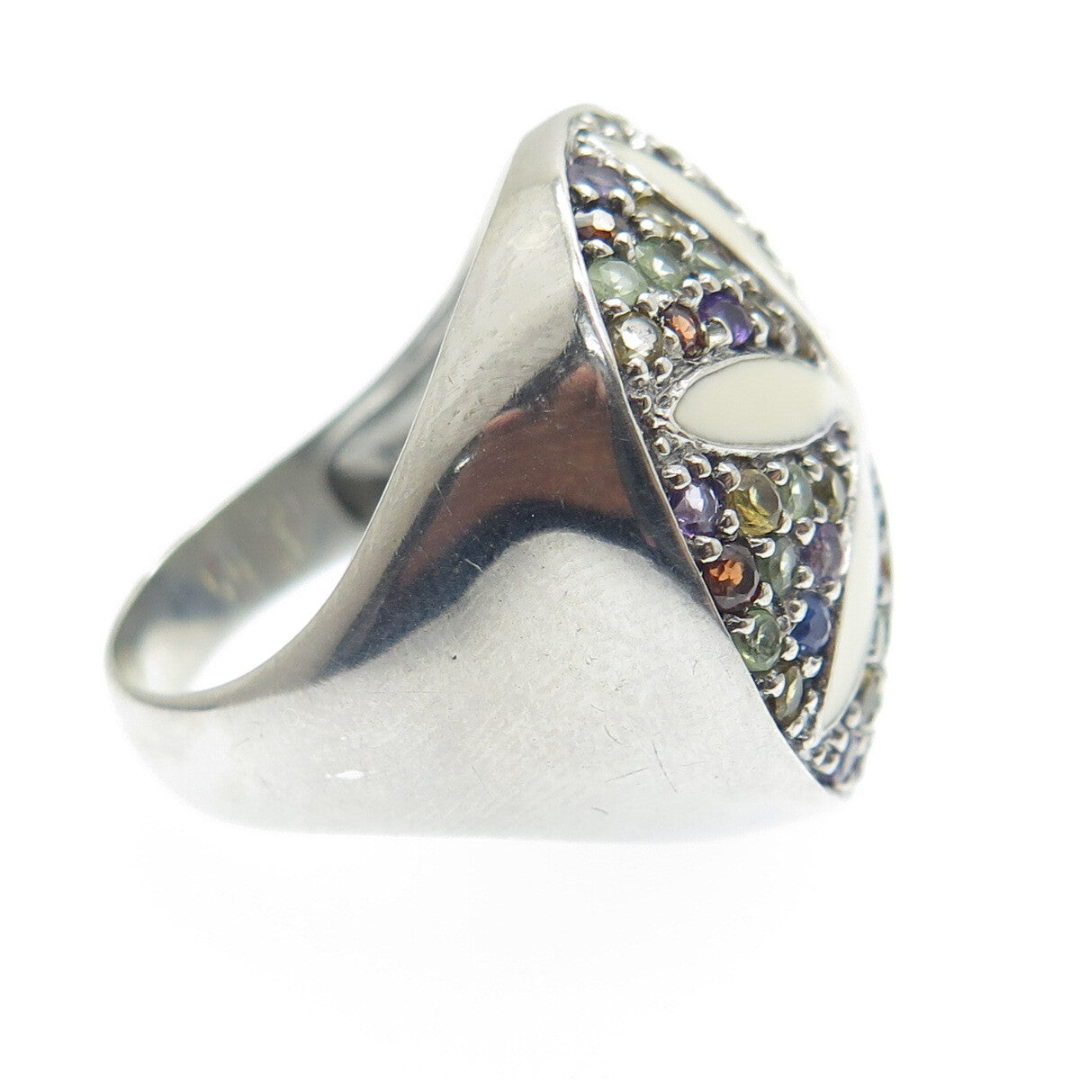 925 Sterling Silver Enamel Real Multi-Color Sapphire Flower Ring Size 7.25