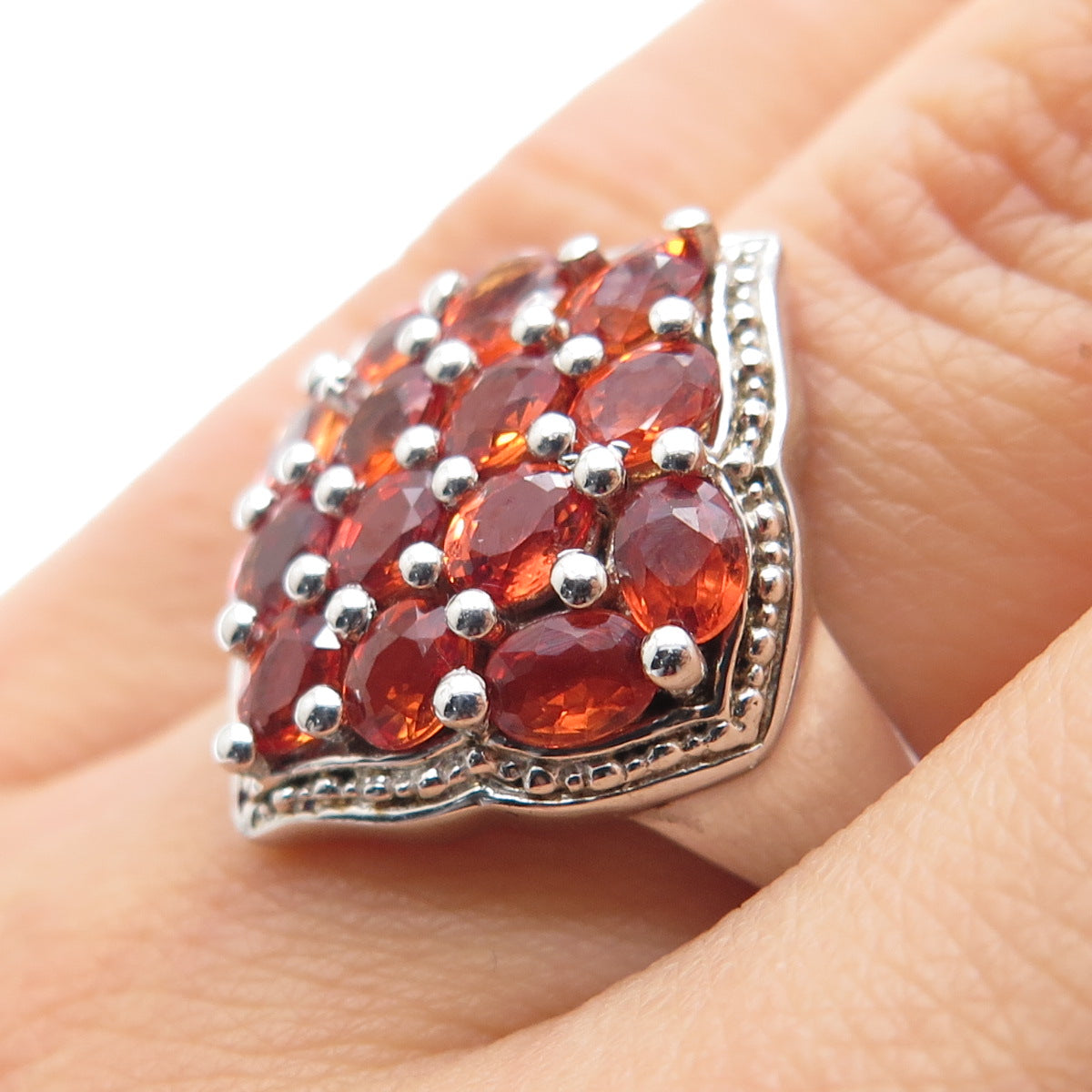 925 Sterling Silver Real Oval-Cut Fire Sapphire Cluster Ring Size 6