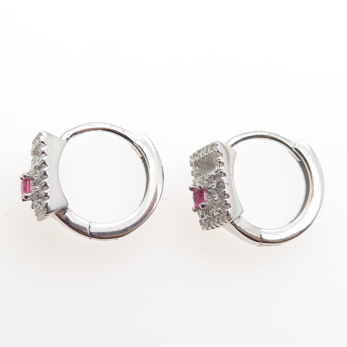 925 Sterling Silver Pink Princess-Cut & White Round-Cut Shaped C Z Hoop Earrings