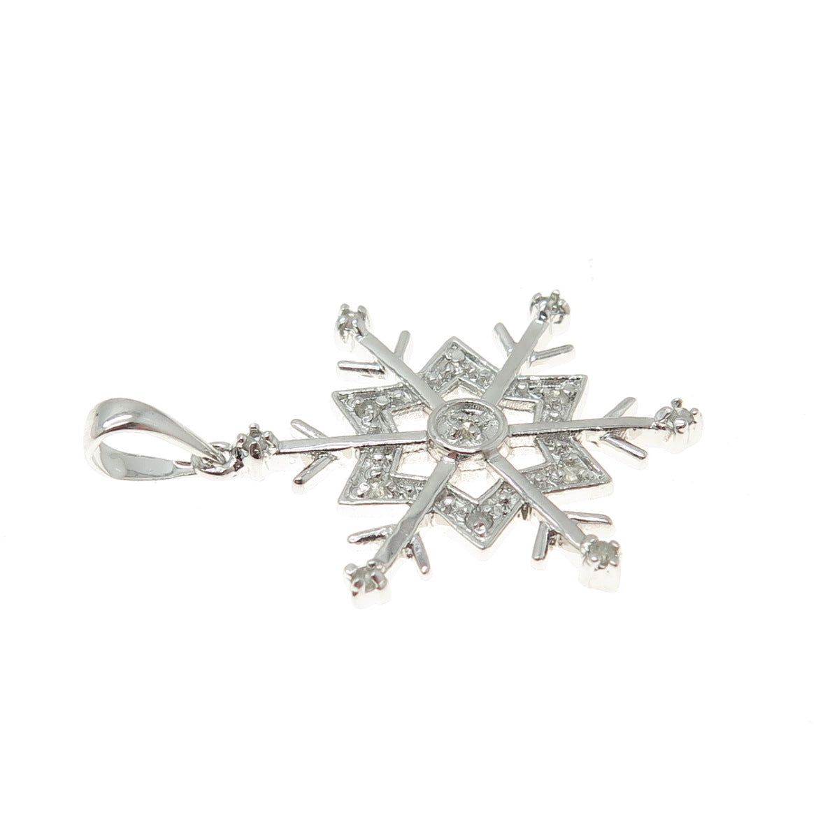 925 Sterling Silver Real Round-Cut Diamond Snowflake Minimalist Pendant