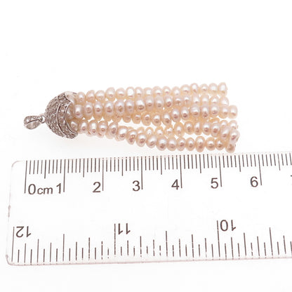 925 Sterling Silver Real Pearl & White Topaz Tassel Charm Pendant